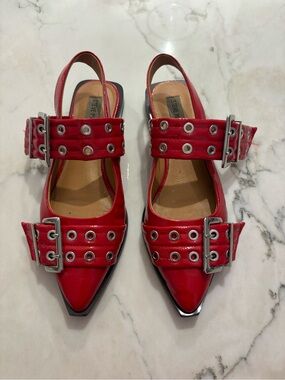 Steve Madden Red Pointed Slingback Flats with Buckled Eyelet Straps